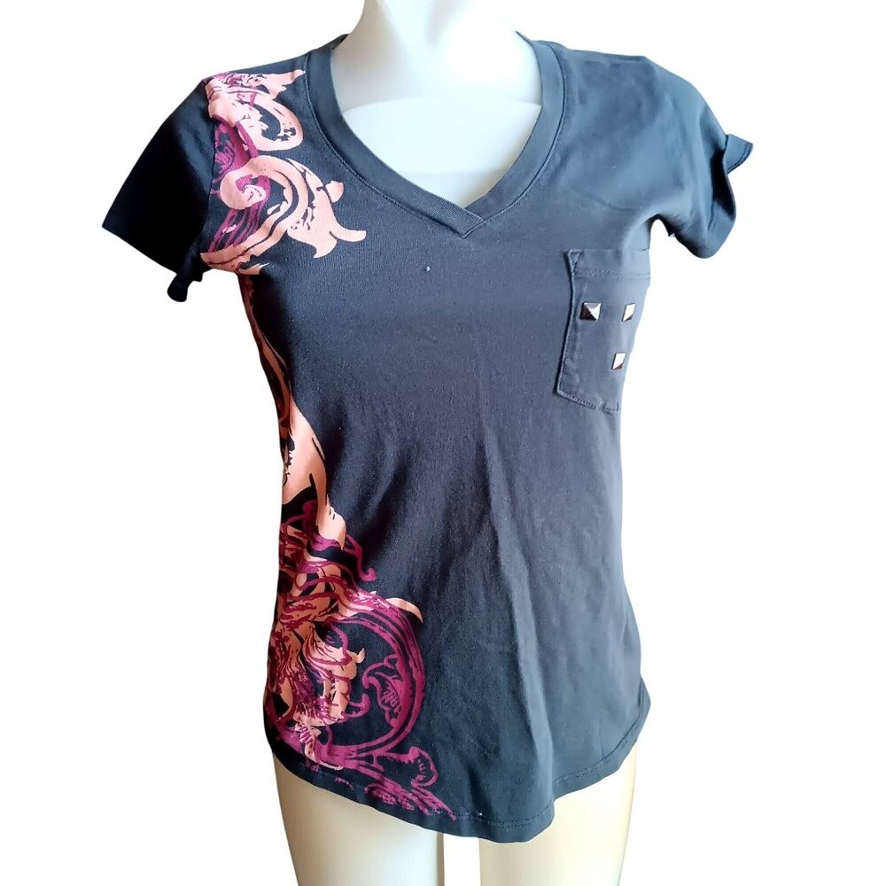 Small Cruel Girl T-shirt Womens V-Neck Tee Studded Pocket Pink/Gray